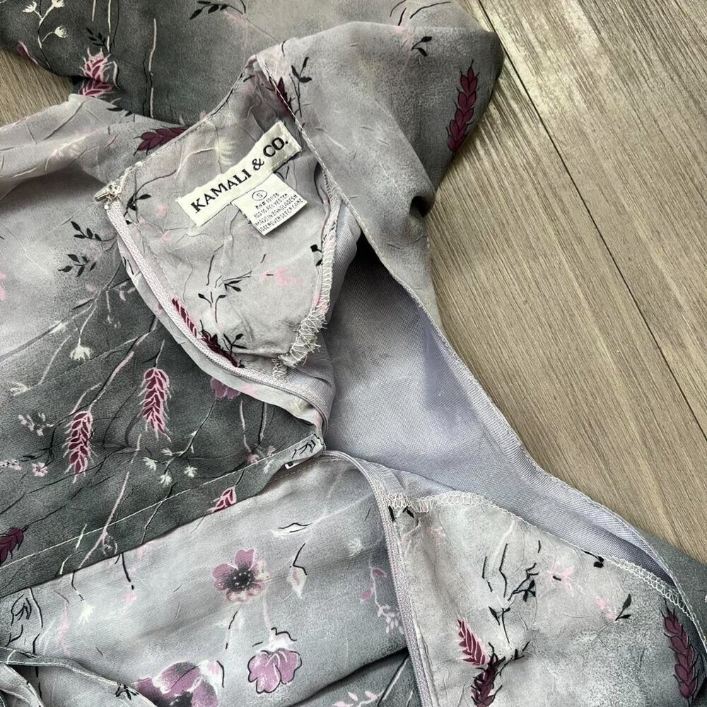 Vintage 90s Gray & Purple Floral Striped Maxi Shirt Dress W/ Waist Tie Size S - Picture 5 of 7
